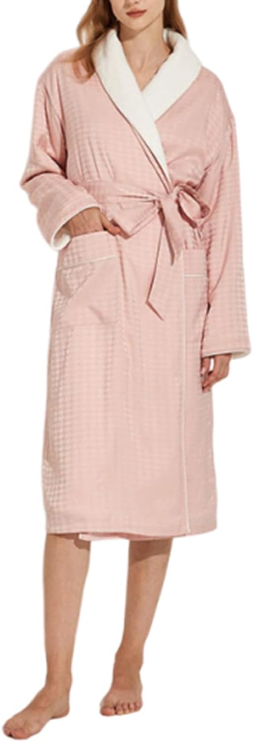 Women's Long Sleeve Fleece Robe with Pockets Jacquard Fluffy Plush Bathrobe