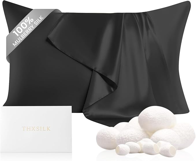 THXSILK 100% Pure Mulberry Silk Pillowcase for Hair and Skin, Grade 6A+ Mulberry Silk Pillow Case 22 Momme Silk, Hypoallergenic Pillow Case Cover with Zipper, 1pc (Queen 20"x30", Black)