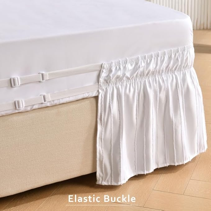 MIYE Striped Tufted Bed Skirt - Wrap Around Dust Ruffle with Elastic Belts - 18 Inch Drop Easy to Put On - Bedskirt Machine Washable ＆ Wrinkle Resistant(Striped/White, King/Queen-18 Drop)