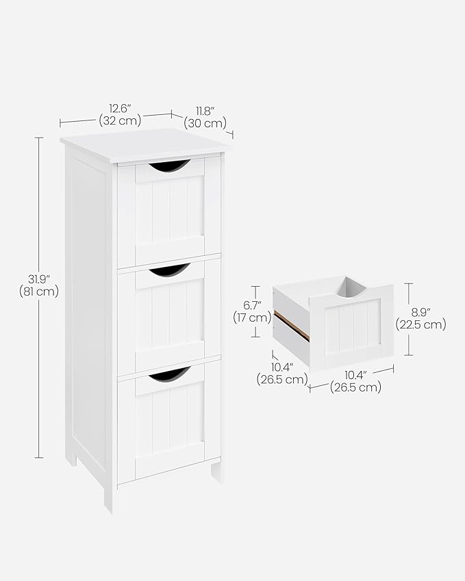 VASAGLE Floor Storage Cabinet, Freestanding Storage Unit with 3 Drawers, 11.8 x 12.6 x 31.9 Inches, for Bathroom, Living Room, Kitchen, Modern Style, Matte White UBBC50WT