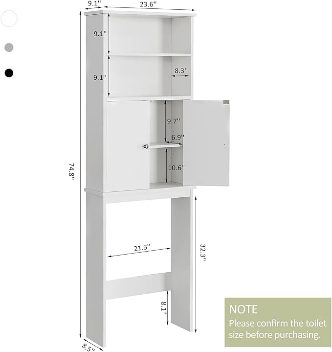 Meilocar Over The Toilet Storage Cabinet for Bathroom, Extra Tall Over Toilet Storage, Space Saver W/Adjustable Shelf & Open Storage Shelf, 75in, White