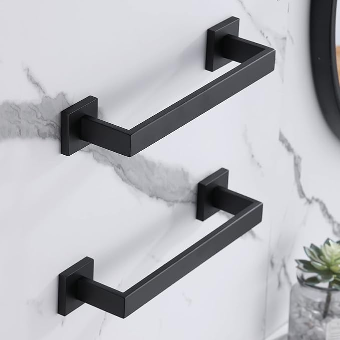 LANC 12-Inche 2-Pack Bathroom Towel Bars, Matte Black Square Bathroom Towel Racks Hand Towel Holders Total-14 Stainless Steel Wall Mount Shower Towel Rail Towel Hanger Rods,A8804-3MB