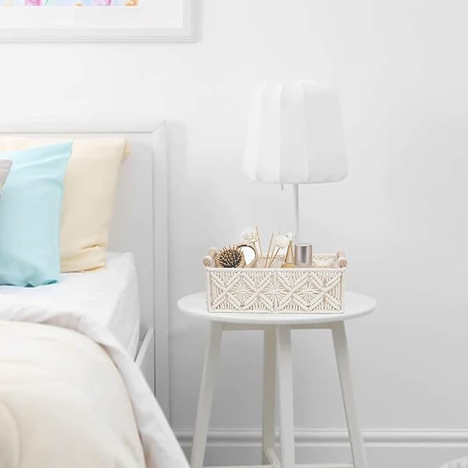 HOSROOME Macrame Storage Basket Boho Decor Baskets for Organizing Woven Decorative for Countertop Toilet Paper Basket for Tank Top for Home Decor Bedroom Nursery Livingroom Entryway (Set of 2)