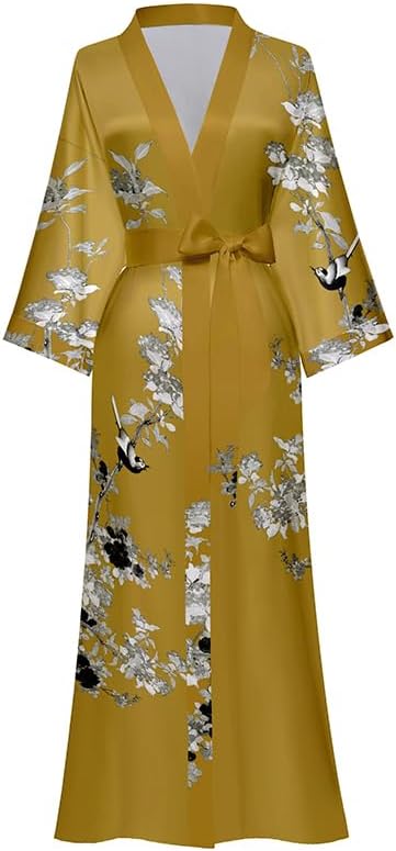 Silk Satin Robe for Women Long Japanese Kimono Robe Lightweight Soft Bathrobe Floral Luxury Dressing Gown