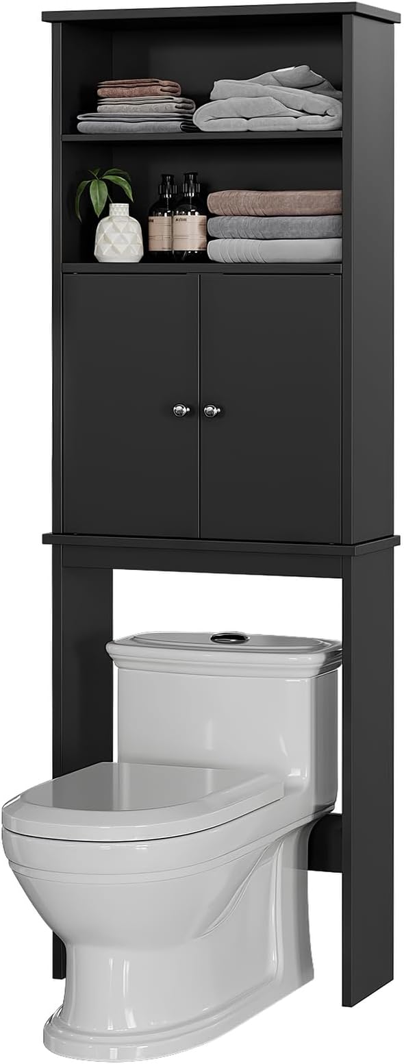Meilocar Over The Toilet Storage Cabinet for Bathroom, 75in Black Over Toilet Cabinet Freestanding Storage Organizer, Space Saver with Doors and Adjustable Shelf, Black