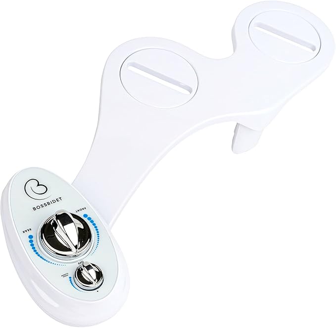 Boss Bidet Luxury White Blue - Bidet Attachment for Toilet Seat - Dual Nozzles, Self-Cleaning, Non-Electric Water Sprayer, Save Money On Toilet Paper and Reduce Waste