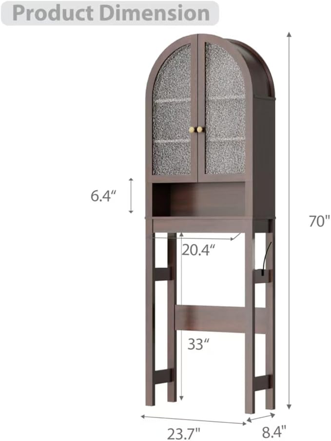 Over The Toilet Storage Cabinet, 23.7”W Modern Storage Cabinet Over Toilet with Acrylic Doors, Arched Freestanding Over Toilet Rack with Adjustable Shelf for Bathroom, Espresso