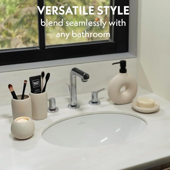 Ceramic Bathroom Accessory Set, 5 Pcs - Soap Dispenser 16 Oz, Toothbrush Cup, Toothbrush Holder, Soap Dish, Candle Holder - Beige, Boho Bathroom Sink Decor, Modern Countertop Accessories