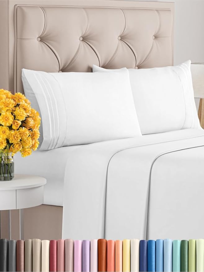 Cal King Size 4 Piece Sheet Set - Extra Soft, Breathable and Cooling Sheets - Hotel Luxury Bed Sheets for Women & Men - Deep Pockets, Easy-Fit & Wrinkle-Free Sheets - Bright White Oeko-Tex Bed Sheets