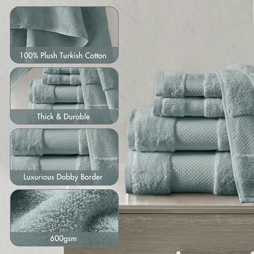 Madison Park Turkish 100% Cotton 600Gsm Luxury Premium Thick Soft Absorbent Hotel Bathroom Towel Set Shower Hand Face Washcloths, Assorted Sizes, Blue 6 Piece