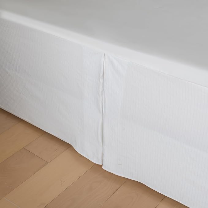 King Bed Skirt, Grid Plaid Soft Quadruple Pleated Ruffle Bed Skirt, Tailored Dust Ruffle 14 Inch Drop Easy Fit, Machine Washable (White)