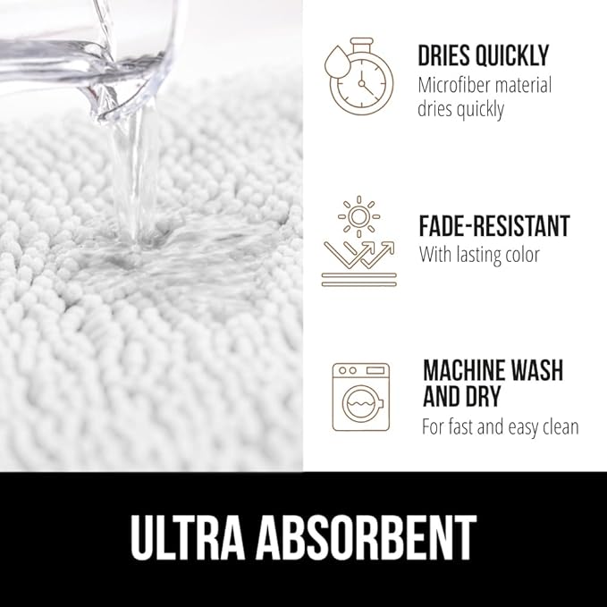 GORILLA GRIP Plush Absorbent Shaggy Chenille Bath Rug Mat for Oval Toilet Base with Rubber Backing, Machine Washable Rugs, Soft Microfiber Contour Mats for Toilets, Bathroom Decor, White