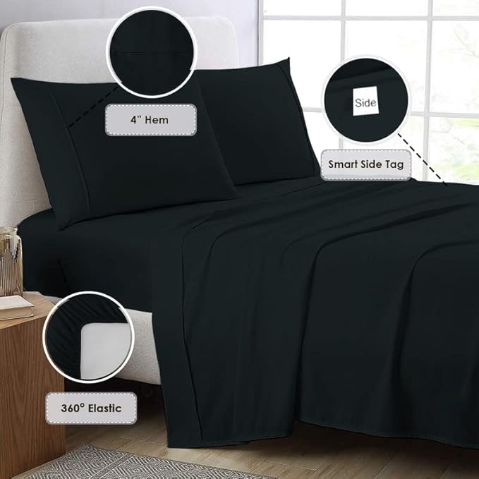 Pizuna Pure 100% Cotton Crisp Sateen Sheets King Size - 800 Thread Count, Long Staple Cotton - 15" Deep Pocket - Combed Black Cotton Sheets King