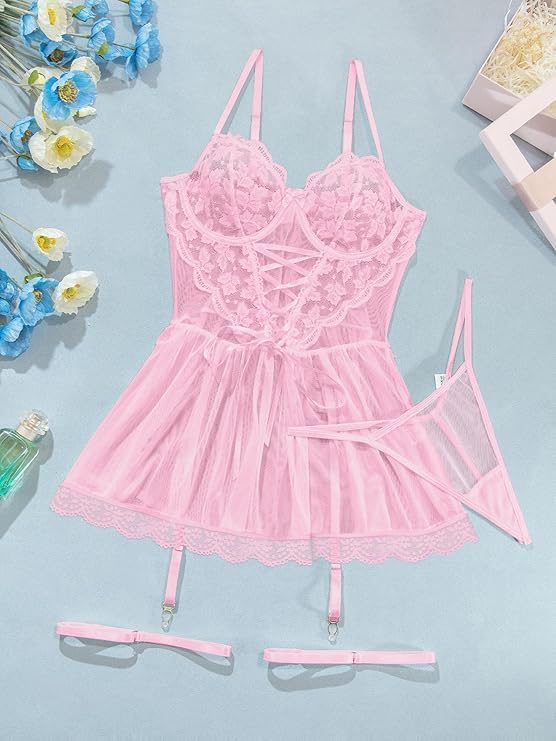 Lilosy Sexy Garter Belt Mesh Lace Babydoll Lingerie Dress Set with Thong