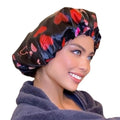 Satin Shower Cap for Women, Reusable and Waterproof Shower Cap for Long Hair, Luxury Print and Double Layer (Black Hearts, Large)