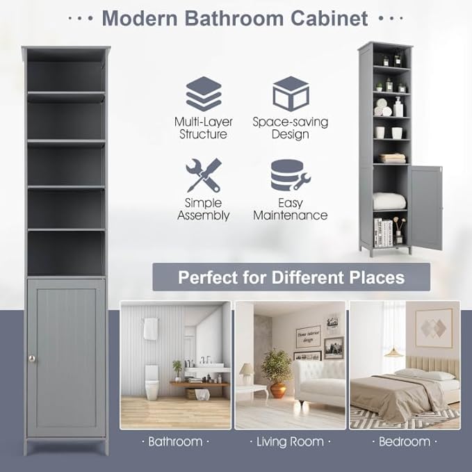 WATERJOY 72'' Tall Slim Bathroom Storage Cabinet with 3 Shelves & Door for Bathroom, Living Room