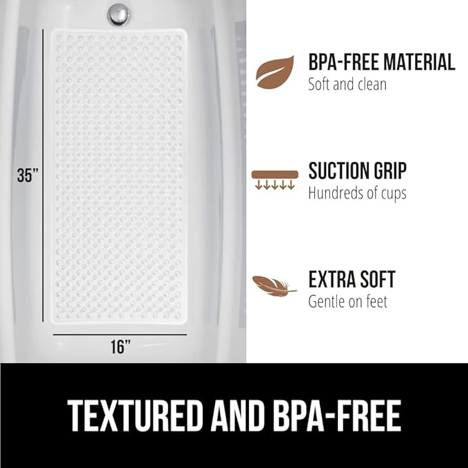 GORILLA GRIP Patented Bath Tub Shower Mat, Machine Washable Bathtub Floor Liner Mats, Suction Cups and Drain Holes to Keep Tubs Clean, Soft on Feet, Bathroom Essentials, 35x16 Inch, White