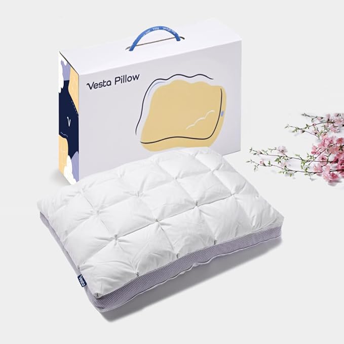 Vesta Hungarian Down Low Loft Pillow, 95% Goose Down Core, Baffle Boxe Design for Optimal Fluffiness, Ideal for Back & Stomach Sleepers, Low to Medium Profile (3.5" Height) & Soft - PlumZen
