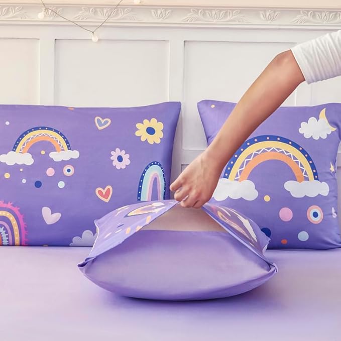 ANGIYUIN 6 Pieces Purple Twin Bedding Set Rainbow Bedding Set for Girls Love Hearts and Moon Design Kids Bed Set Soft Girl Bed in A Bag with Sheets, Purple, Twin