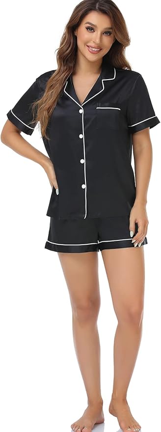 Women's Satin Pajama Set 2-Piece Sleepwear Loungewear Button Down Short Sleeve Silky PJ Set