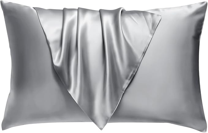 BHZ Satin Goose Down Feather Pillows King Size with Satin Pillowcase for Hair and Skin, Cooling Pillow Cases Similar to Silk Pillow Cases, Decorative for Women, Mom Men, Grey