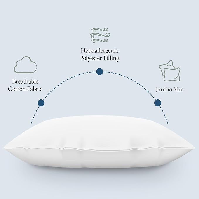 DOWNLITE 4-Pack Set of Hotel Style Hypoallergenic Down Alternative Bed Pillows – Standard/Queen Jumbo Size, 20” x 28” – Soft/Medium Density, for Stomach & Back Sleepers – Machine Washable