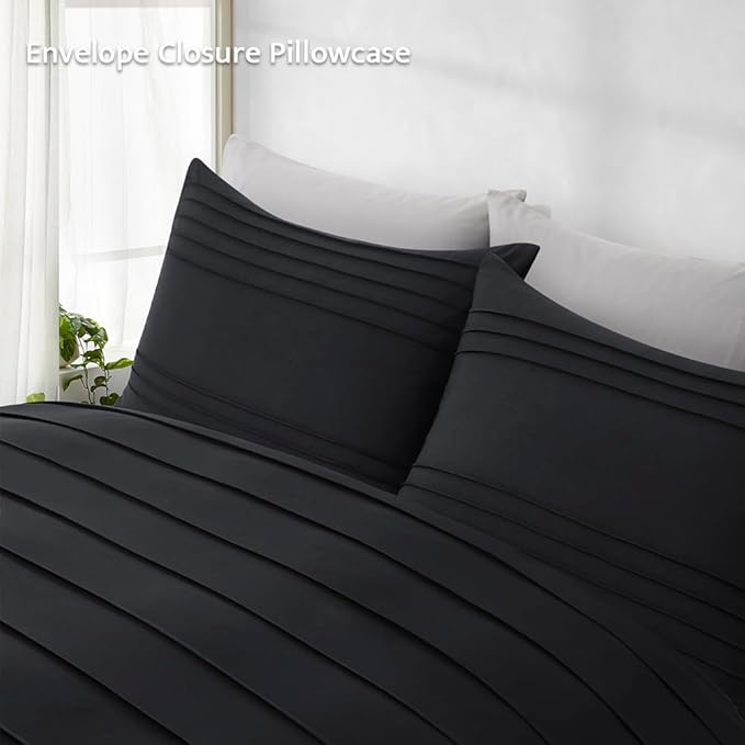 Oli Anderson Black Duvet Cover Queen Size - Pleated Queen Duvet Cover, 3PCS Soft and Breathable Textured Bedding Set with Zipper Closure(Black,90"x90")