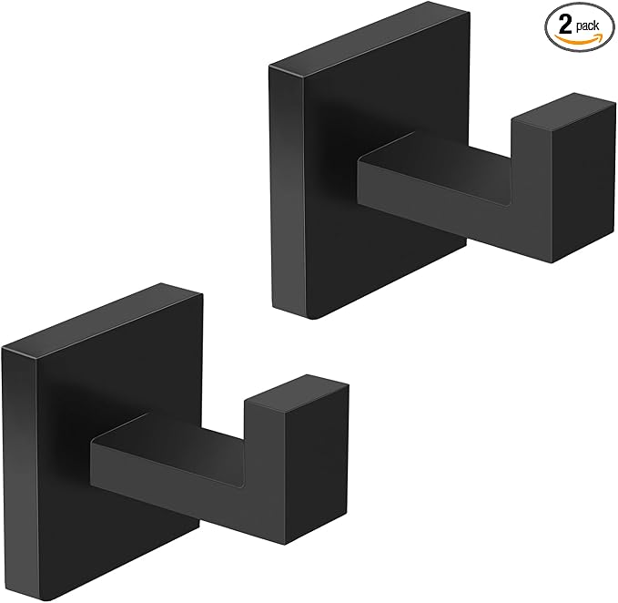 IBosins 2-Pack Towel Hooks Hand Towel Holder for Bathroom Wall Livingroom Bedroom Kitchen Closet Heavy Duty Stainless Steel Hook Hanger for Robe, Bath Towel, Coat (Square Matte Black)