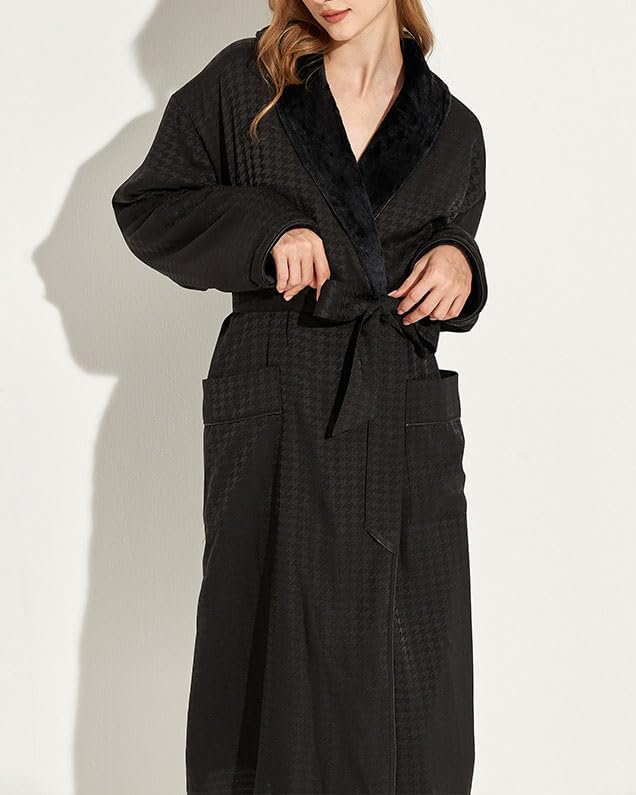 Women's Long Sleeve Fleece Robe with Pockets Jacquard Fluffy Plush Bathrobe