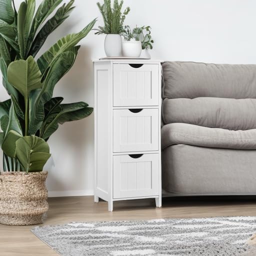 VASAGLE Floor Storage Cabinet, Freestanding Storage Unit with 3 Drawers, 11.8 x 12.6 x 31.9 Inches, for Bathroom, Living Room, Kitchen, Modern Style, Matte White UBBC50WT