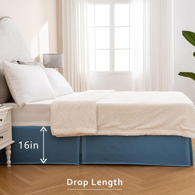 MIYE Pleated Waffle Weave Bed Skirt, Tailored Dust Ruffle 16 Inch Drop Easy Fit, Machine Washable (Blue, King - 16" Drop)