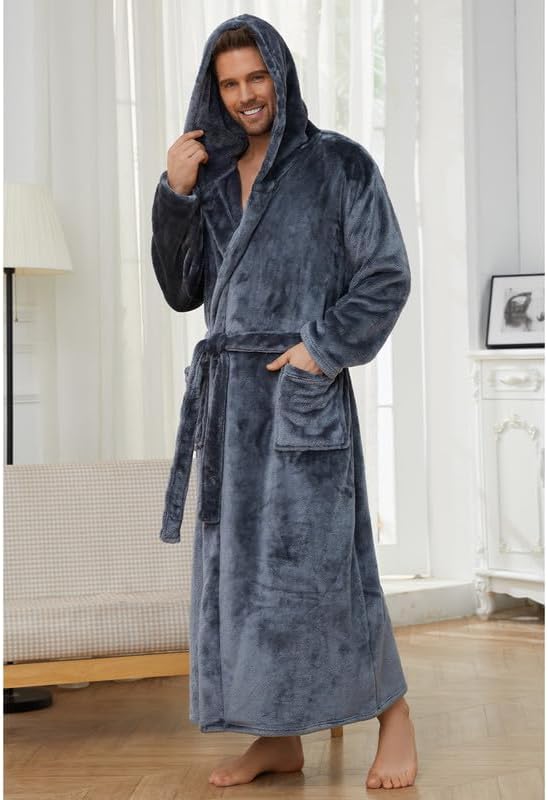 U2SKIIN Mens Robe with Hooded, Full Length Thickened Plush Robe Big and Tall Bathrobe