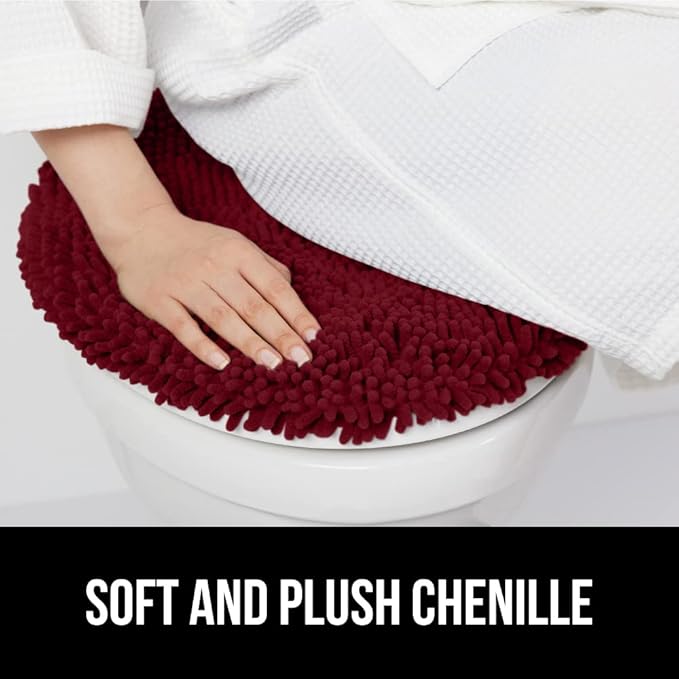 GORILLA GRIP Soft Chenille Bathroom Toilet Lid Cover, Machine Washable Seat Covers, 19.5x18.5, Stays in Place Rubber Backing, Fits Most Round, Elongated and Oblong Lids, Accessories Decor, Burgundy