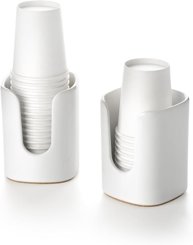 5 oz Square Ceramic Bathroom Cup Dispenser for Kids and Pregnancy - Disposable Paper Cup Holder for Mouthwash Cups on Bathroom Vanity Countertop (2 Pack, White)