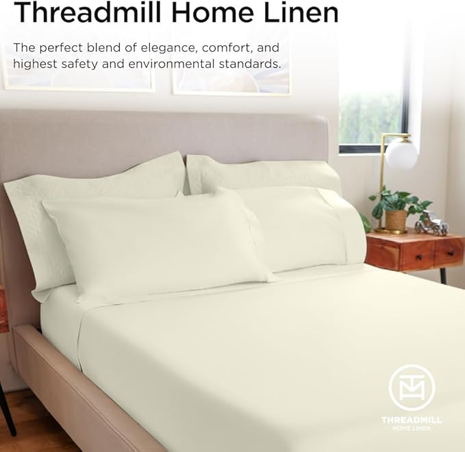 Threadmill 100% Cotton Sheets for Queen Size Bed - 600 Thread Count Queen Bed Sheets Set with 16” Deep Pocket - Sateen Weave 4-Piece Bedding Set with Cooling Effect, Ivory