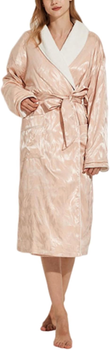 Women's Long Sleeve Fleece Robe with Pockets Jacquard Fluffy Plush Bathrobe