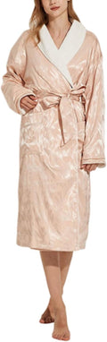 Women's Long Sleeve Fleece Robe with Pockets Jacquard Fluffy Plush Bathrobe