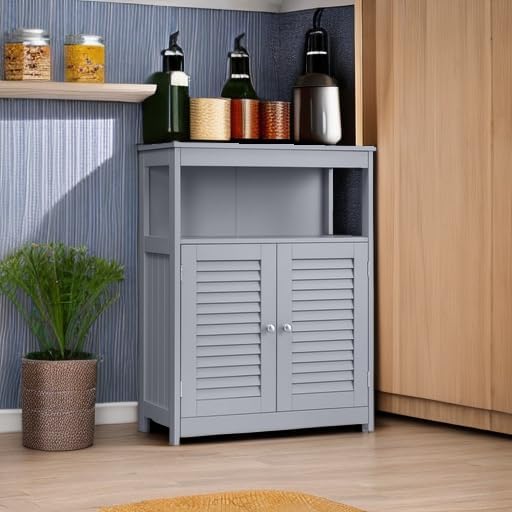 VASAGLE Floor Storage Cabinet, Freestanding Storage Unit with Double Shutter Doors and Adjustable Shelf, for Living Room, Bathroom, Entryway, Kitchen, Dove Gray UBBC040G02