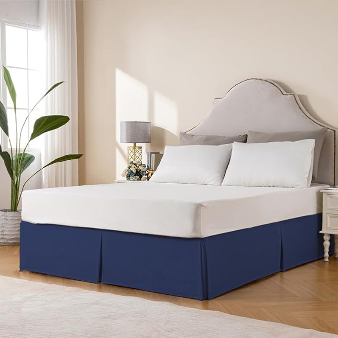 MIYE Pleated Waffle Weave Bed Skirt, Tailored Dust Ruffle 16 Inch Drop Easy Fit, Machine Washable (Navy Blue, Twin - 16" Drop)