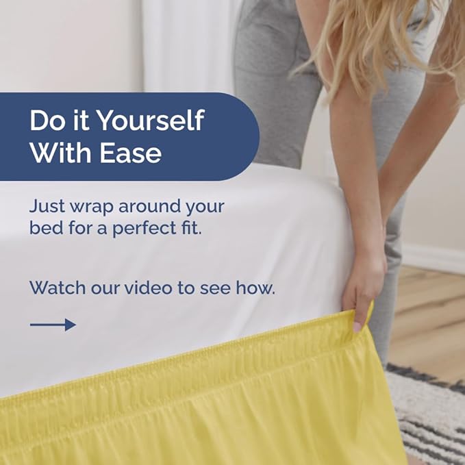 Wrap Around Dust Ruffle Bed Skirt - Yellow - Twin/Twin XL Size Beds with 15 Inch Drop - Easy Fit Elastic Strap - Adjustable Pleated Bedskirt w/Brushed Fabric - Wrinkle Free - Women, Men, Kids & Teens