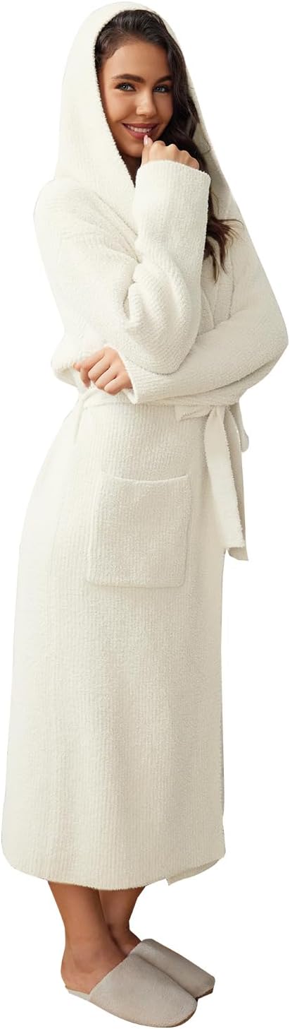 MH MYLUNE HOME Ultra Soft Robe With Pockets, Spa Bathrobe Loungewear Calf-Length, Plush Fuzzy Fluffy Wrap Robe for Women
