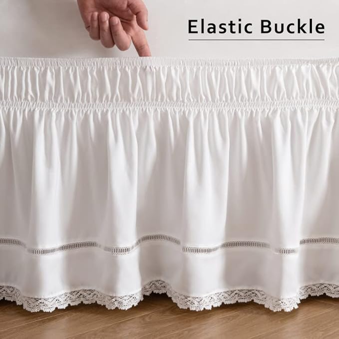 MIYE Wrap Around Ruffled Lace Bed Skirt, Elastic Dust Ruffle with Adjustable Belts, Easy to Put On, Bed Frame Cover, Machine Washable (Floral Lace/White, King/Queen-18 Drop)