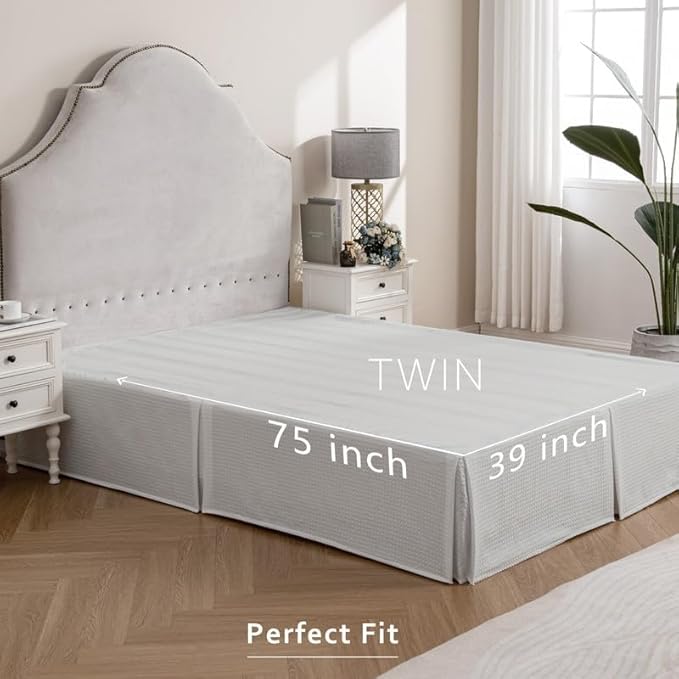 MIYE Pleated Waffle Weave Bed Skirt, Tailored Dust Ruffle 14 Inch Drop Easy Fit, Machine Washable (Light Grey, Twin - 14" Drop)