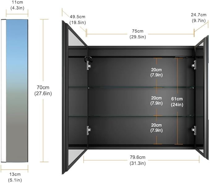 KWW LED Lighted Bathroom Medicine Cabinet with Sockets & USBs, Defogger, Dimmable, 3 Color Light Makeup Mirror, Easy to Install, Wall Mounted Cabinet (Two-Door, 31 * 28)