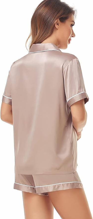 Women's Satin Pajama Set 2-Piece Sleepwear Loungewear Button Down Short Sleeve Silky PJ Set