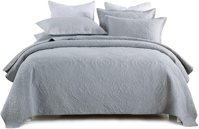 Quilt Set Floral Leaves 3D Embroidery Pattern 2 PCS Cotton Reversible Quilted Embroidered Decorative Bedspreads Coverlet Set, Lightweight &Soft Queen Size Beige Bedding Coverlet for All Season