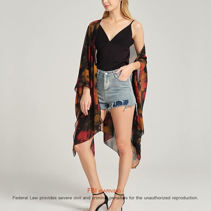 Women's Bohemian Floral Chiffon Beach Cover up Swimsuit Kimono Summer Swimwear Cardigans