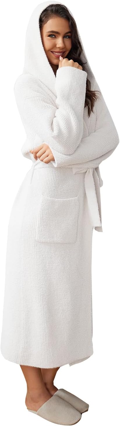 MH MYLUNE HOME Ultra Soft Robe With Pockets, Spa Bathrobe Loungewear Calf-Length, Plush Fuzzy Fluffy Wrap Robe for Women