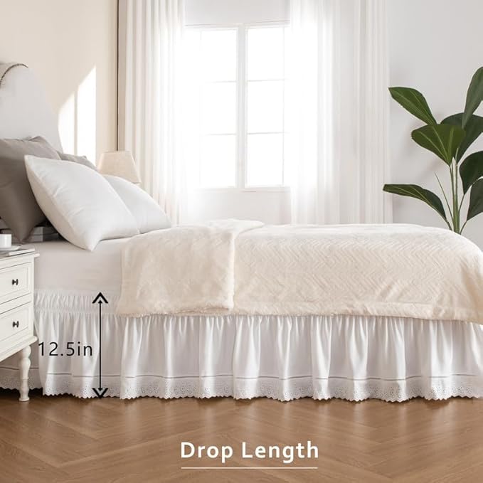 MIYE Wrap Around Ruffled Lace Bed Skirt, Elastic Dust Ruffle with Adjustable Belts, Easy to Put On, Bed Frame Cover, Machine Washable (Embroidered/White, King/Queen-12.5" Drop)