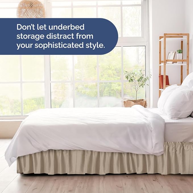 Wrap Around Dust Ruffle Bed Skirt - Cream - for Full Size Beds w/ 16 Inch Drop - Easy Fit Elastic Strap - Adjustable Pleated Bedskirt w/Brushed Fabric, Wrinkle & Fade Free Women, Men, Kids & Teens